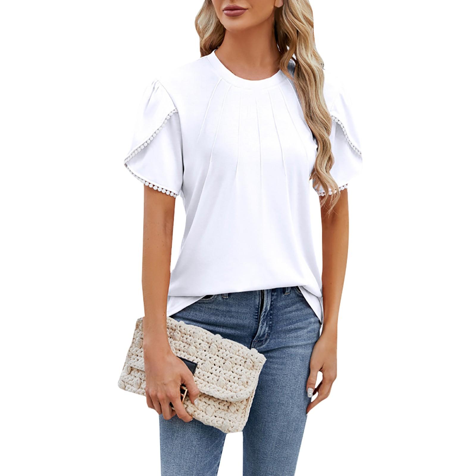 

Сплошной цвет с круглым вырезом и кулиской с жемчужными рукавами и лепестками, женский топ с рюшами XL белый