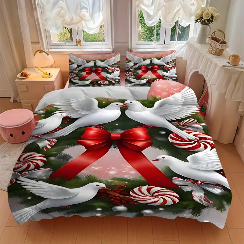 3pcs Christmas Holiday Wreath with Doves and Candy Canes, Festive Decoration Set Including One Quilt Cover and Two Pillowcases (No Core)