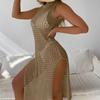 Sexy White Sleeveless Stacked Knitted Hollow High Slit Vest Dress Beach Sun Protection Bikini Cover-up Women