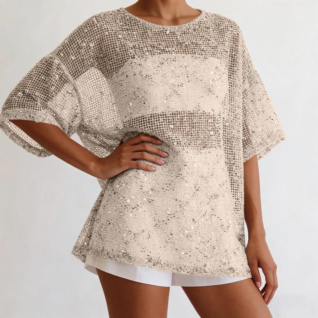 Womens Spring Tops Loose Fit Sequin Blouse Summer Shirts for Women Casual Crewneck Short Sleeve Womens Summer Shirts