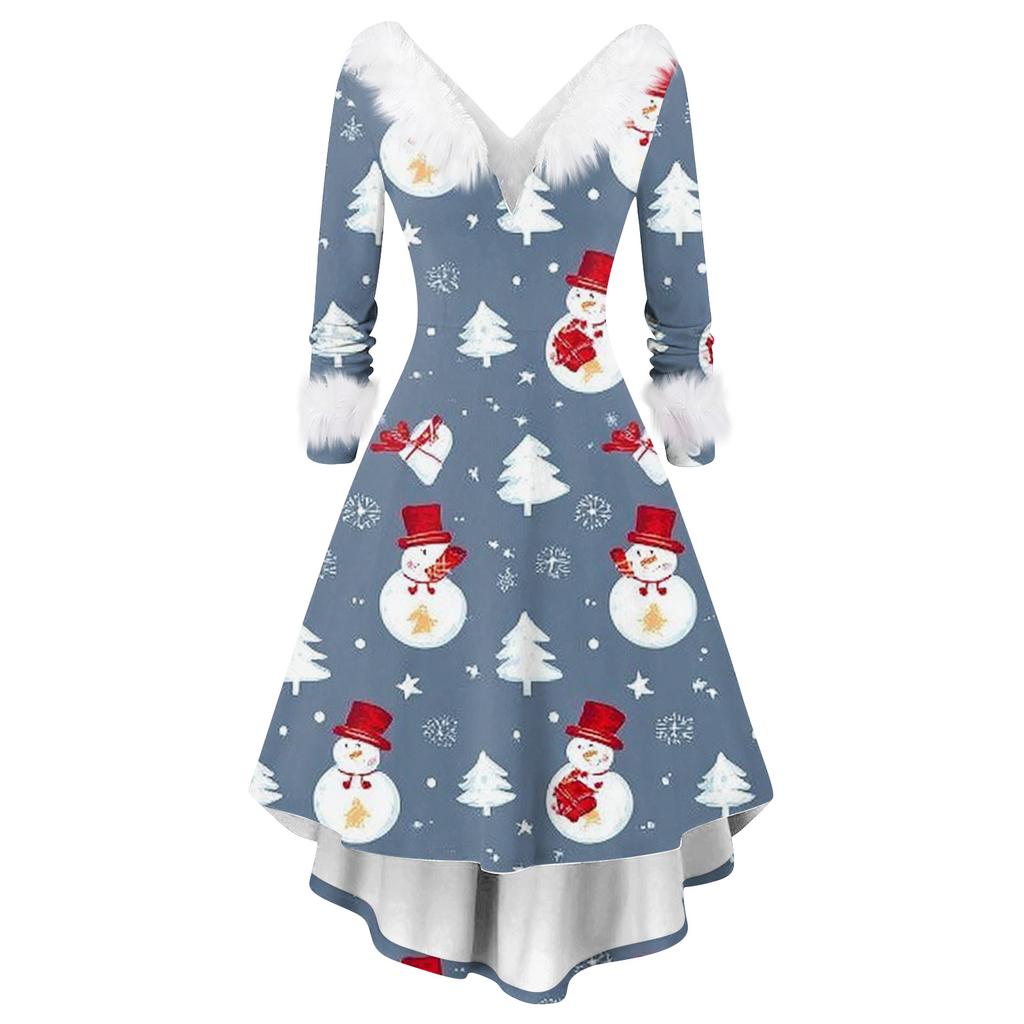 Women's Fashion Elegant Autun And Winter Long Sleeve V-Neck Christmas Print Dress