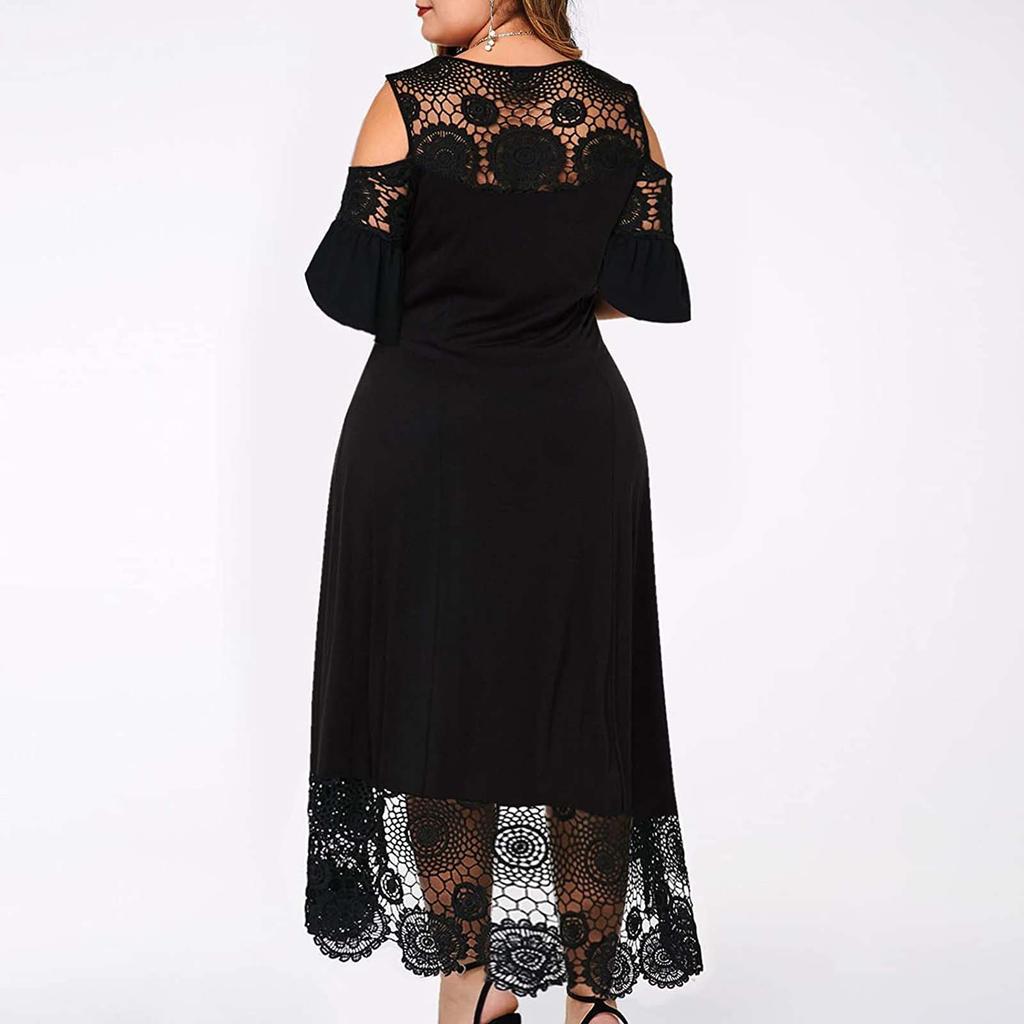 Women Lace Patchwork Ruffle Sleeve Pullover Dress Cold Shoulder Midi Dress with Floral Hemline for Casual and Semi-Formal Wear