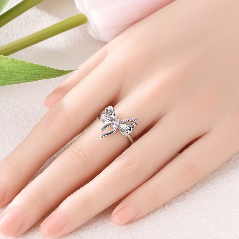 Original 925 Sterling Silver Rings Pink Zircon Deluxe Bow Open Rings For Women Girls Jewelry Birthday Anniversary Gifts
