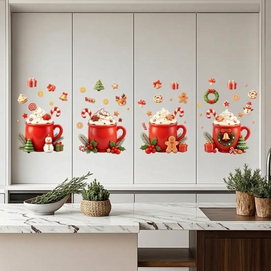 Self Adhesive Refrigerator Decor 2Pcs Christmas Hot Drinks Wall Stickers for Kitchen Cabinets, Self-Adhesive Art Holiday Fridge Decorations