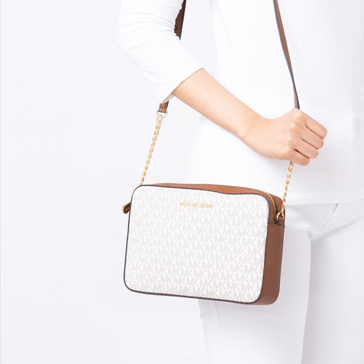 Michael Kors Mk Jet Set Long Vintage Monogram Logo Chain Leather Camera Bag Women Shoulder Bag Vanilla Brown 35F8GTTC3B-VANILLA-ACRN