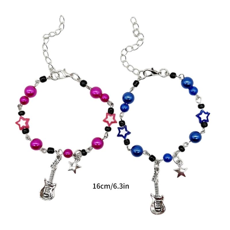 2Pcs Guitar Star Charm Bracelet Simple Beaded Bracelet Statement Jewelry Adjustable Wristband Couple Accessories