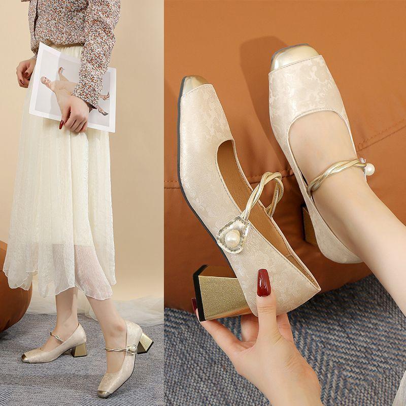Fashion thick heel square head temperament high heels new Chinese style Mary Jane cheongsam single shoes women's 2025 spring and autumn new