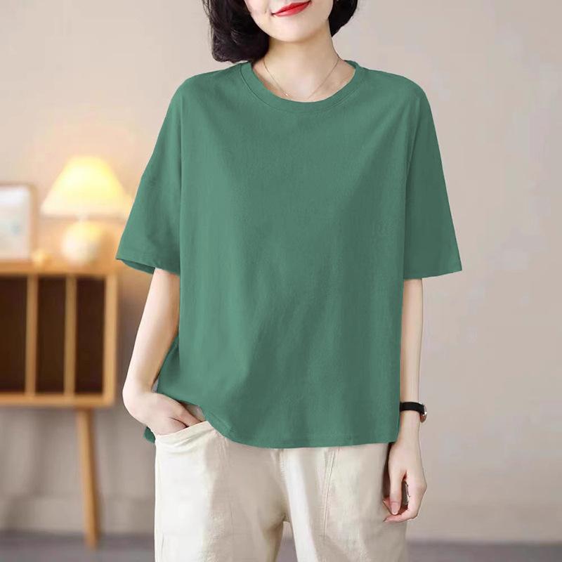 Solid Color Round Neck Short-sleeved Top Summer New Versatile Niche Good-looking Large-size Women's T-shirt Ins