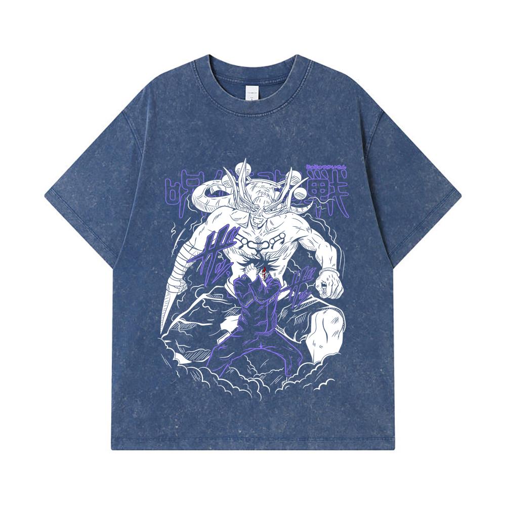 275 GSM Washed T-shirts 100 Cotton Jujutsu Kaisen V35 Mahoraga Print Unisex Heavy Cotton T Shirt 2XL королевский синий 2200₽