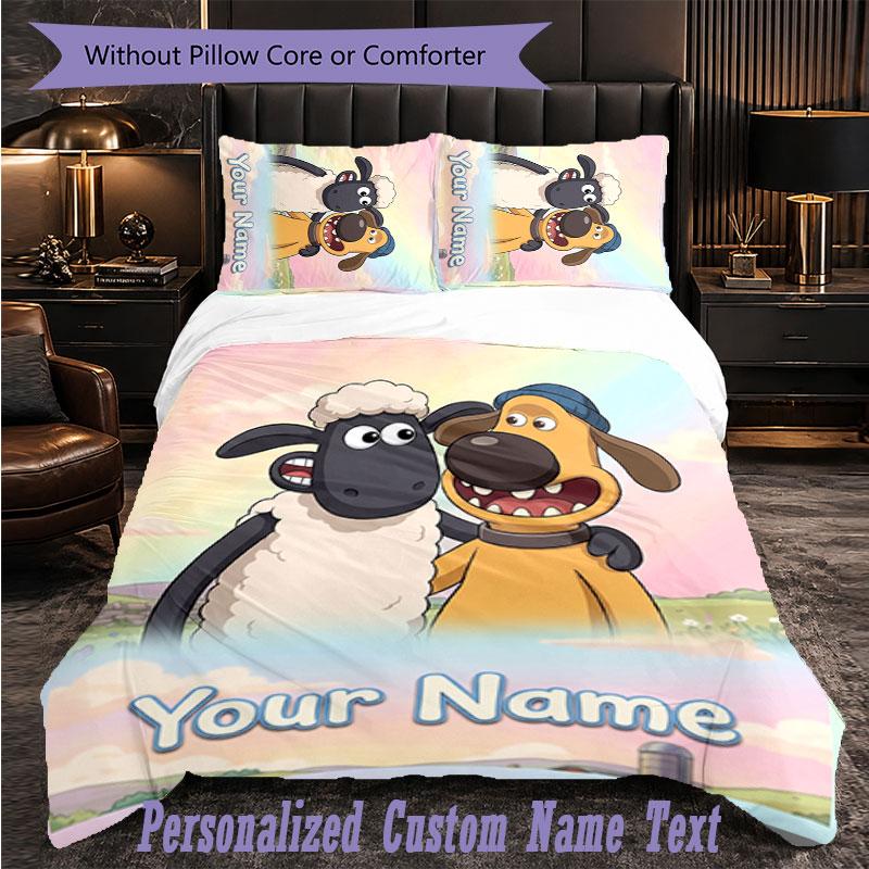 Personalized 3Pcs Bedding SetShaun the Sheep Custom Text Duvet Cover Pillowcase Set Bedroom Gift