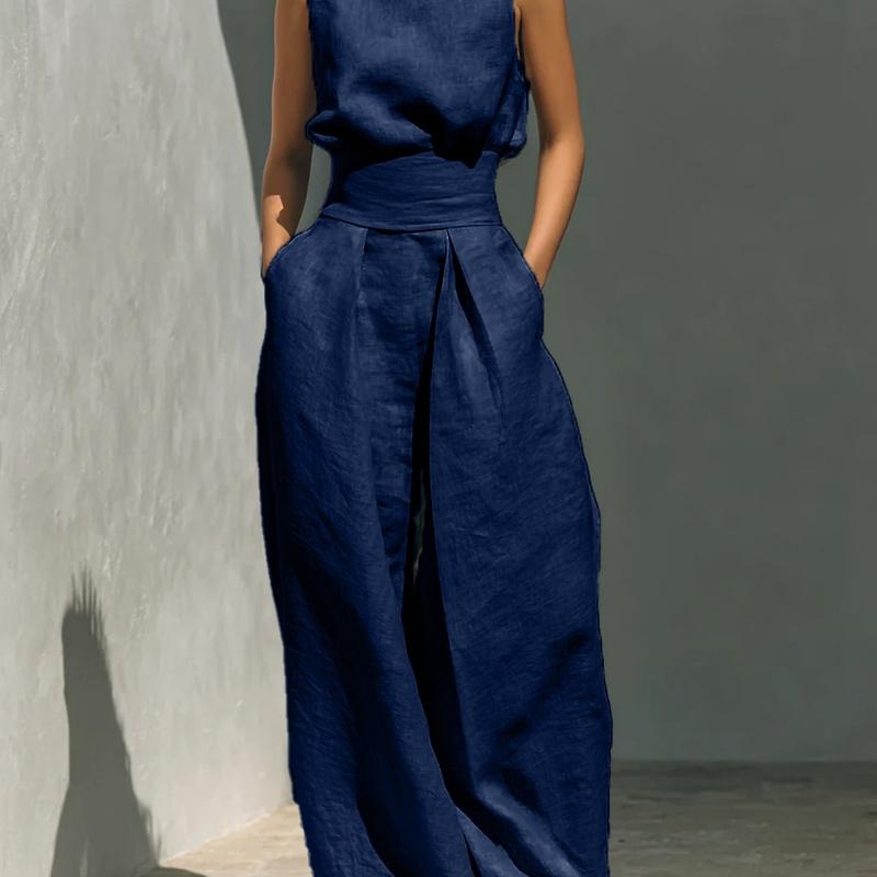 Spring and Summer European Style Women Clothing Cotton Sleeveless Casual Set