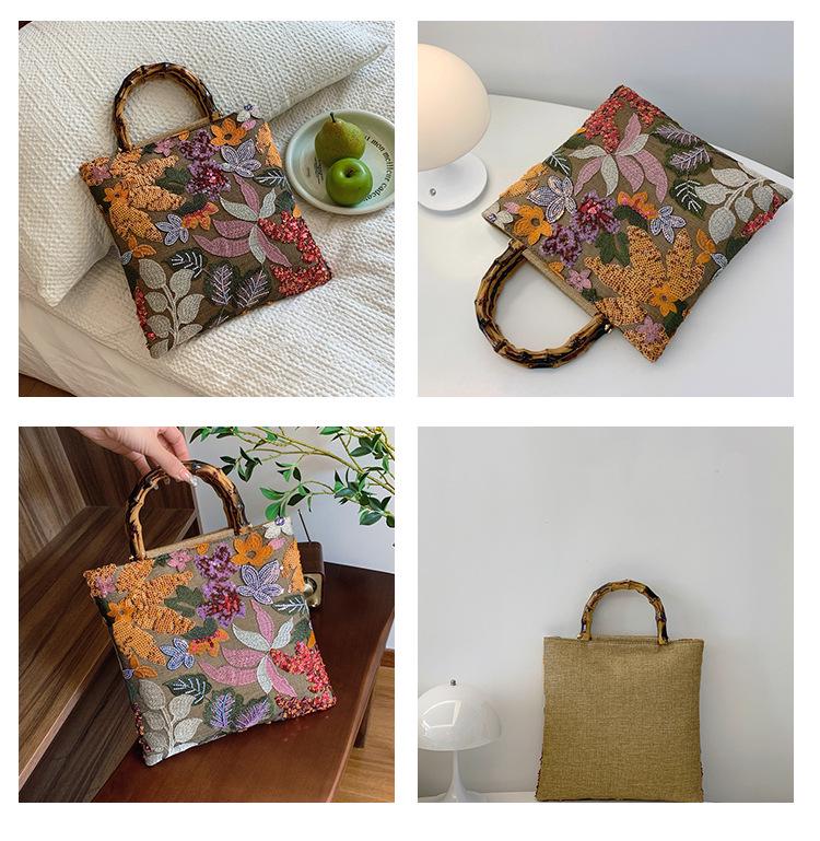 2024 Women's Cross-border Linen Bamboo Handbag with Embroidery and Sequins