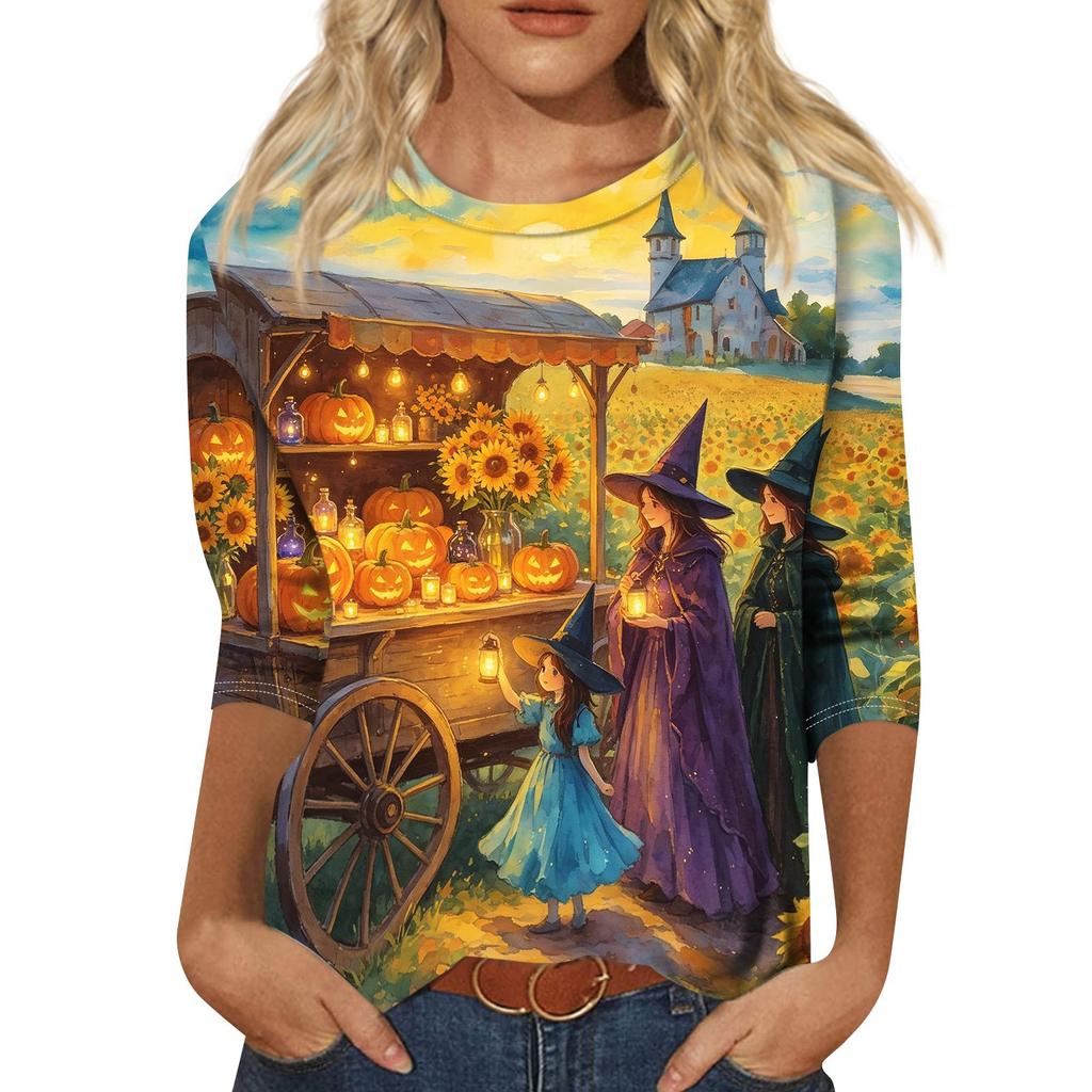 Women's Fashion Casual Halloween Print 3/4 Sleeve T-Shirt with Round Neck