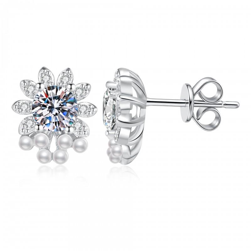 Sterling Mini Floral Stud Earrings With Moissanite Pearl Beads Delicate Flower Design Women 925 Sterling Silver