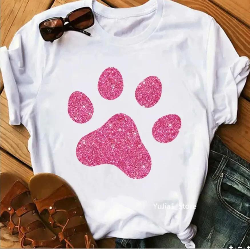 Women's Large Size Short Sleeve Crewneck T-Shirt Cartoon Hand-Painted Dog Paw Print Warm Polyester Fabric Summer Fashion