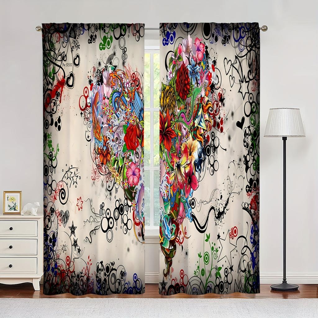 2pc Colorful Bohemian Curtain Rod Pocket Hook Mount Digital Printed Curtain Polyester Material For Living Room Kitchen Bedroom