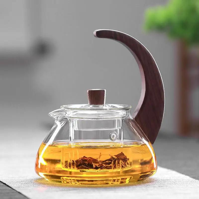 

Роскошный заварочный чайник из боросиликатного стекла с боковой ручкой из орехового дерева в японском стиле, дымчато-серый стеклянный чайник с заварочным устройством