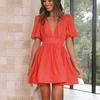 Women Spring Solid Color V-Neck Short Puff Sleeve Dress Summer Casual A-Line High Waist Above Knee Dresses S-XL