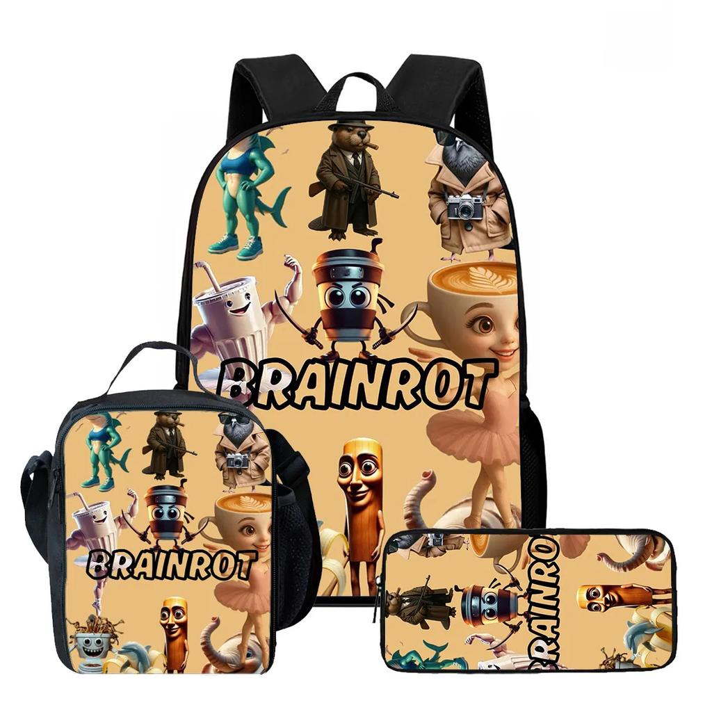 Zaino Scolastico per Bambini Cartoon Brain Rot Con Buste Pranzo Astucci Per,Zaini Scolastici Leggeri per Bambini