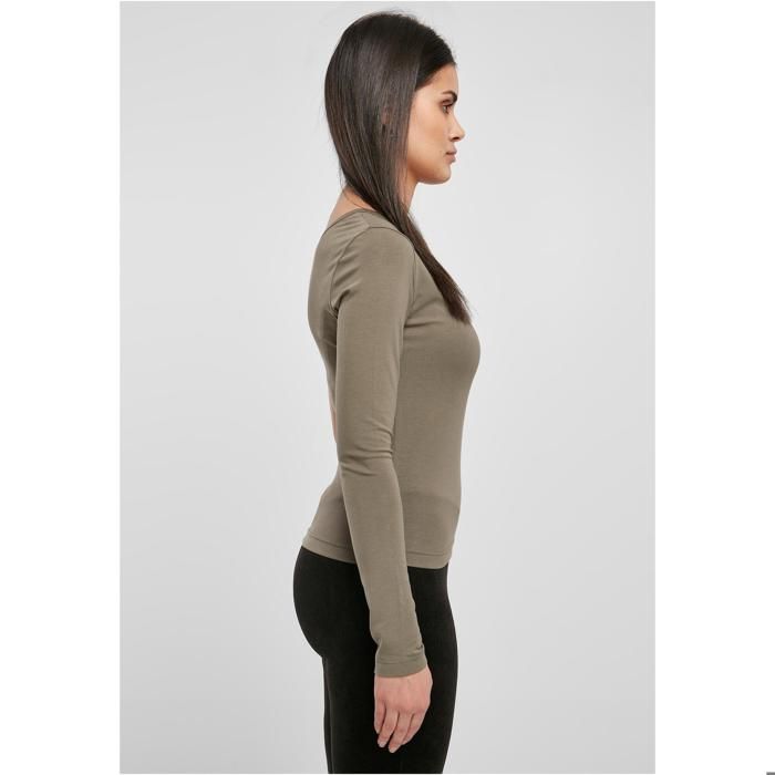 T-shirt Femme - Urban Classics - Manches Longues Asymétriques - Couleur Olive - Ajusté - Col V
