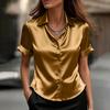 Women’s Short Sleeve Satin Button Down Shirt Collared Relaxed Fit Blouse Classic Lapel Office Top for Work or Casual Wear