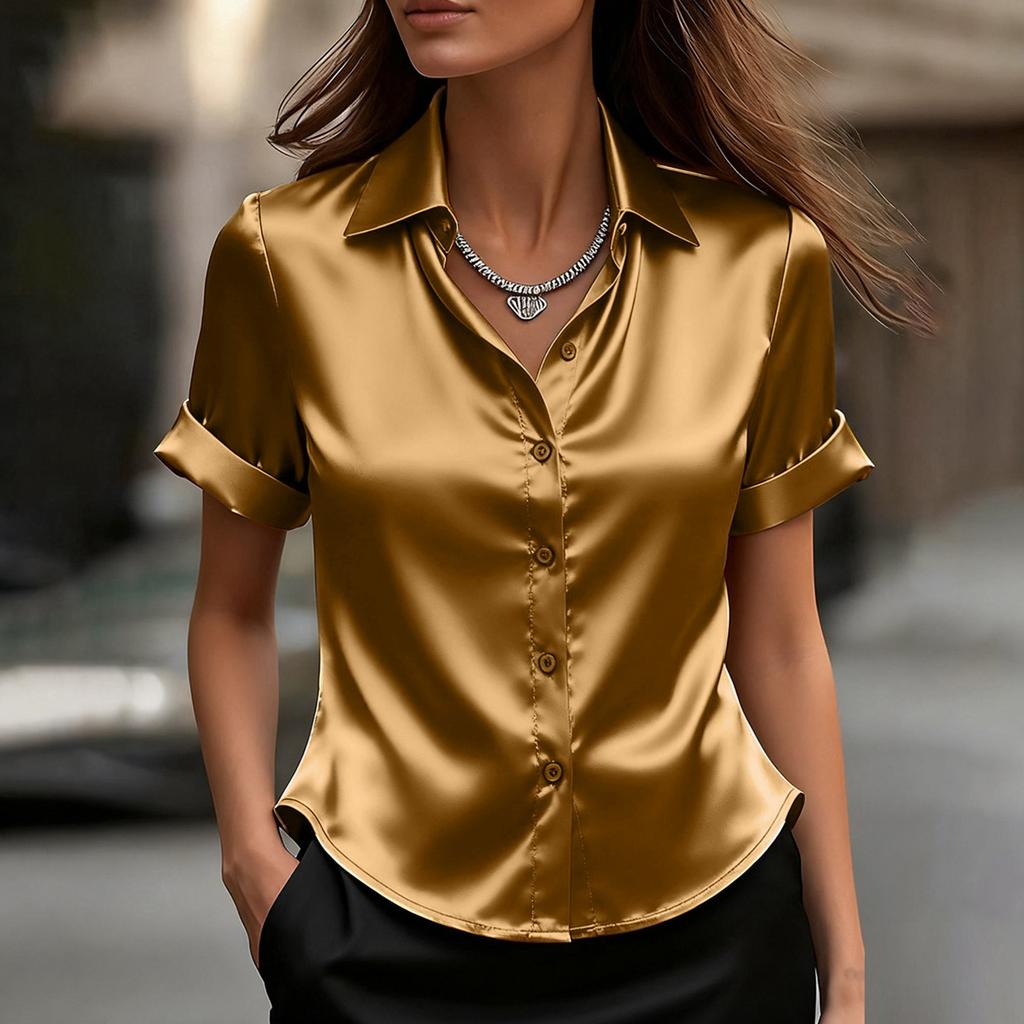 Women’s Short Sleeve Satin Button Down Shirt Collared Relaxed Fit Blouse Classic Lapel Office Top for Work or Casual Wear