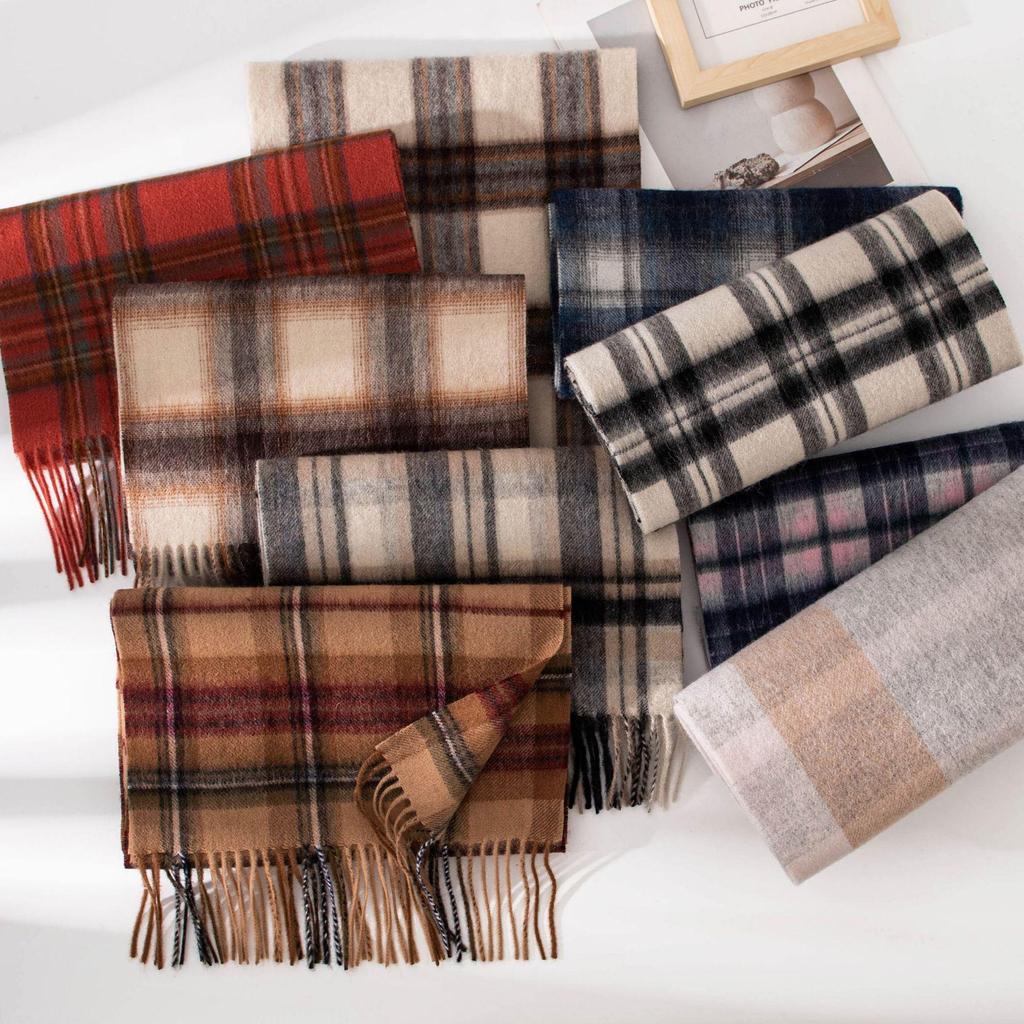 Women's 100% Wool Plaid Scarf - Korean Style, Autumn/Winter 2025, Long Tassel Shawl, Cold-Proof and Warm