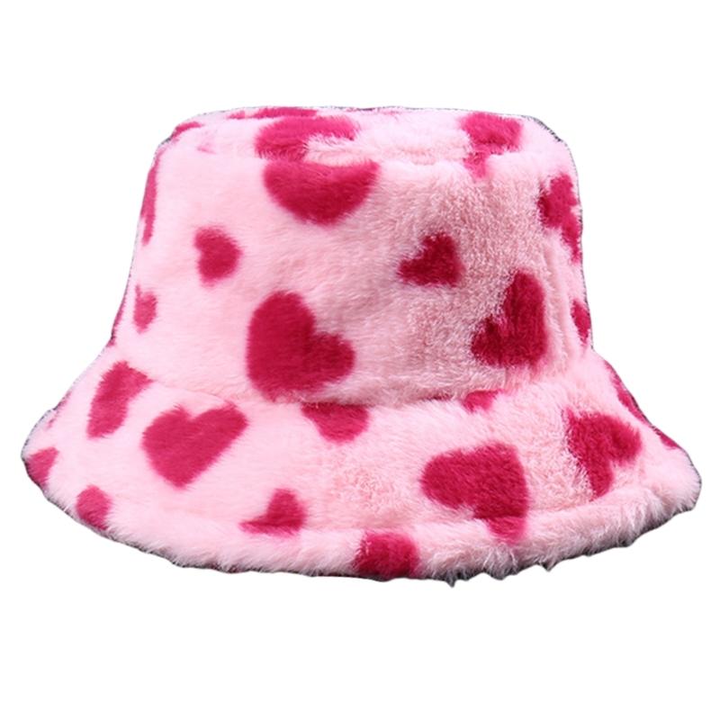 Warm Plush Bucket Caps with Heart Pattern Fashion Winter Autumn Casual Wear Fisherman Hat for Women Girl Outdoor Activity