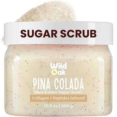 WildOak Pina Colada Sugar Body Scrub | 300g | Kojic Acid, Hyaluronic Acid, Ceramides, Collagen & Peptides | De-Tan & Brightens Dark Areas
