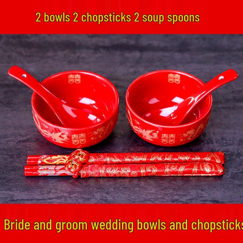 Festive Newlywed Ceramic Bowl & Chopstick Set: Happy Bowls & Red Soup Spoon for Wedding Banquet Tableware