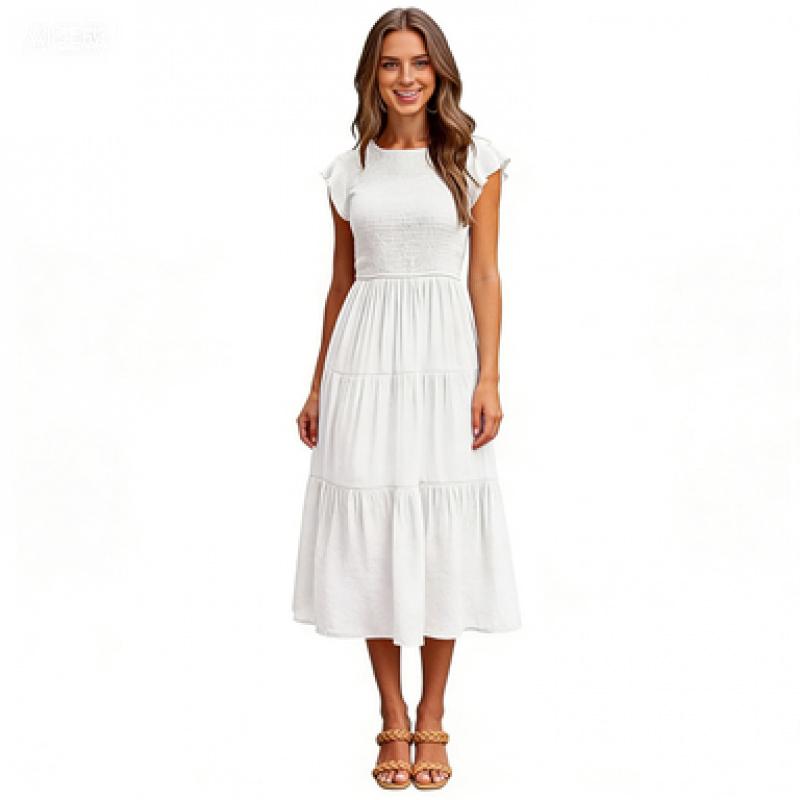 Women's Flying Sleeve Pleated Layered Short Sleeve Large-Swing Dress