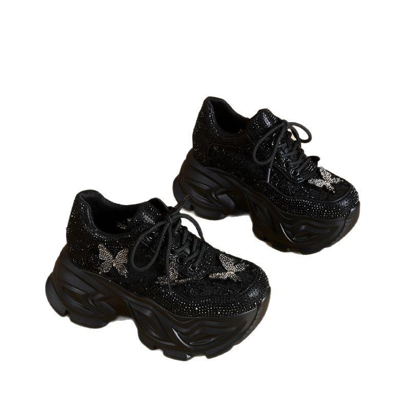 Inner Height Increase Thick Sole Super Fire Explosion Butterfly Single Net Rhinestone Dad Shoes Women's Spring 2025 New Casual Shoes Tide