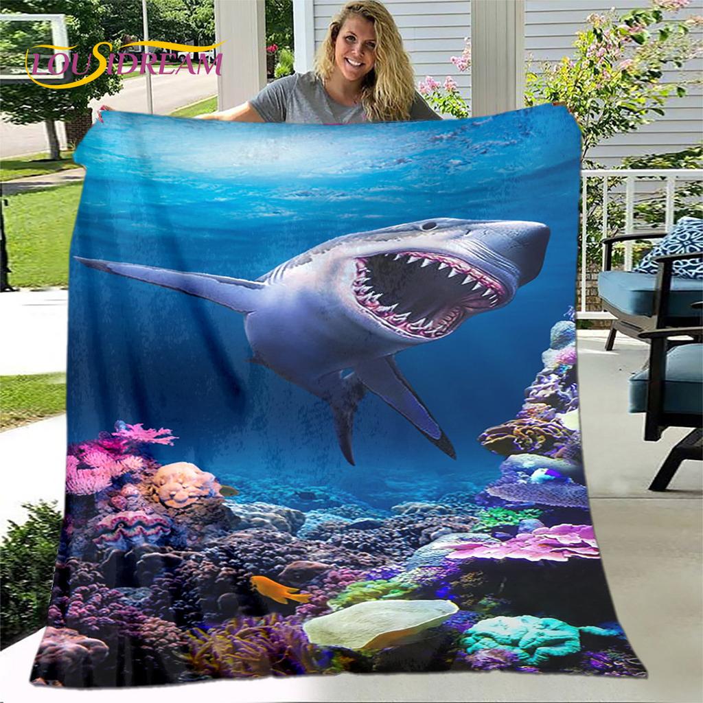 Coperta morbida in flanella con squali cartoni animati 3D, coperta da divano per soggiorno, camera da letto, letto, divano, copertura per picnic