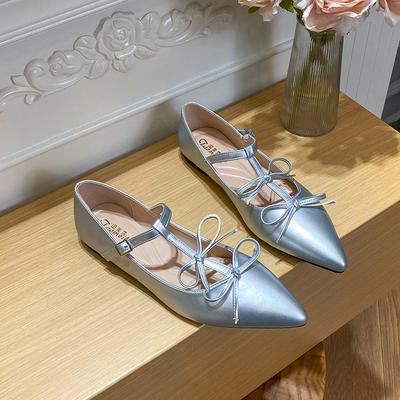 Gentle Pointed Mary Jane Shoes Silver French Small Beautiful Light Mouth Single Shoes Women's Flat Bottom Bow Flat Bottom Temperament Shoes