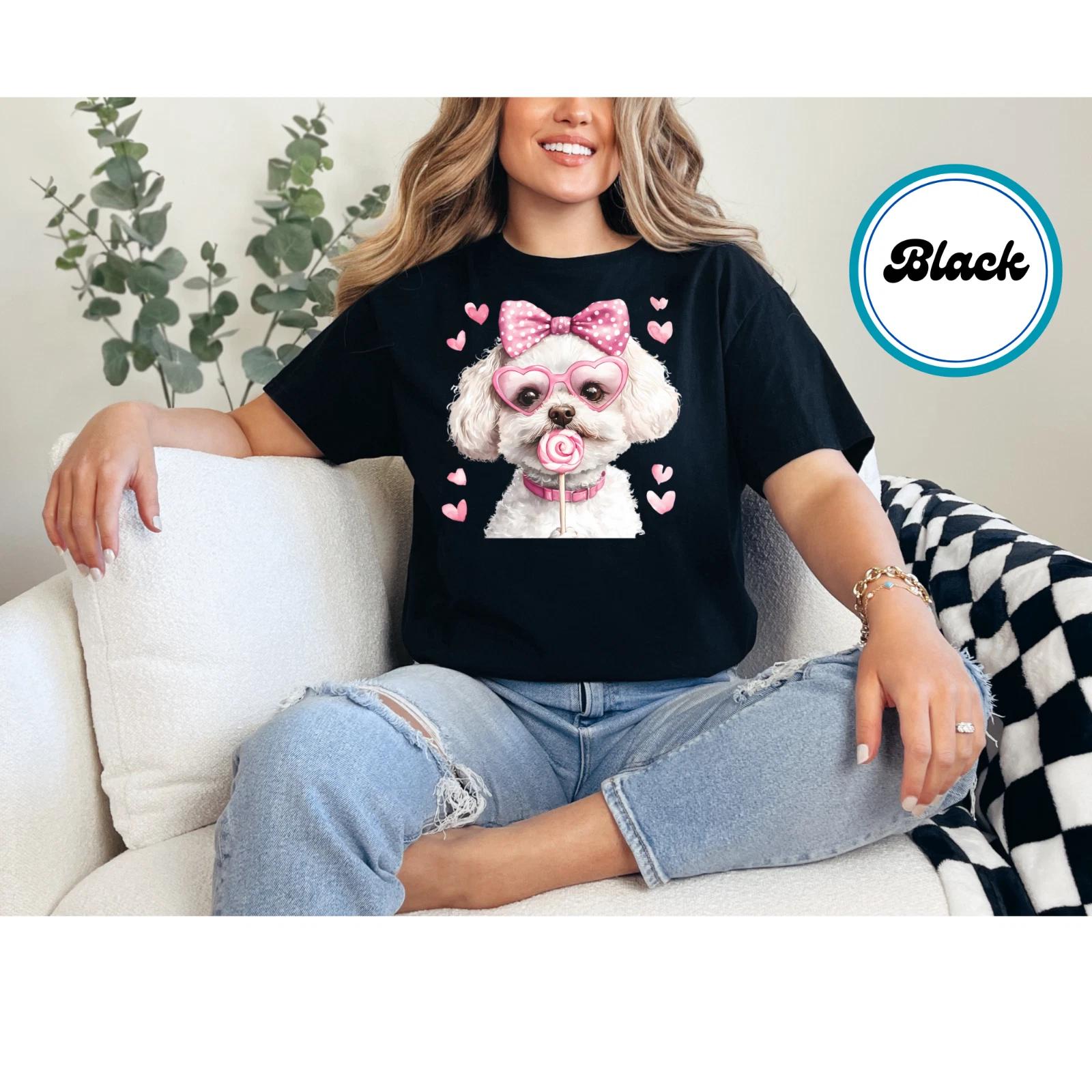 Women s Trendy Cutesy Bichon Dog Valentines Day Shirt Cute Dog Graphic Tee L