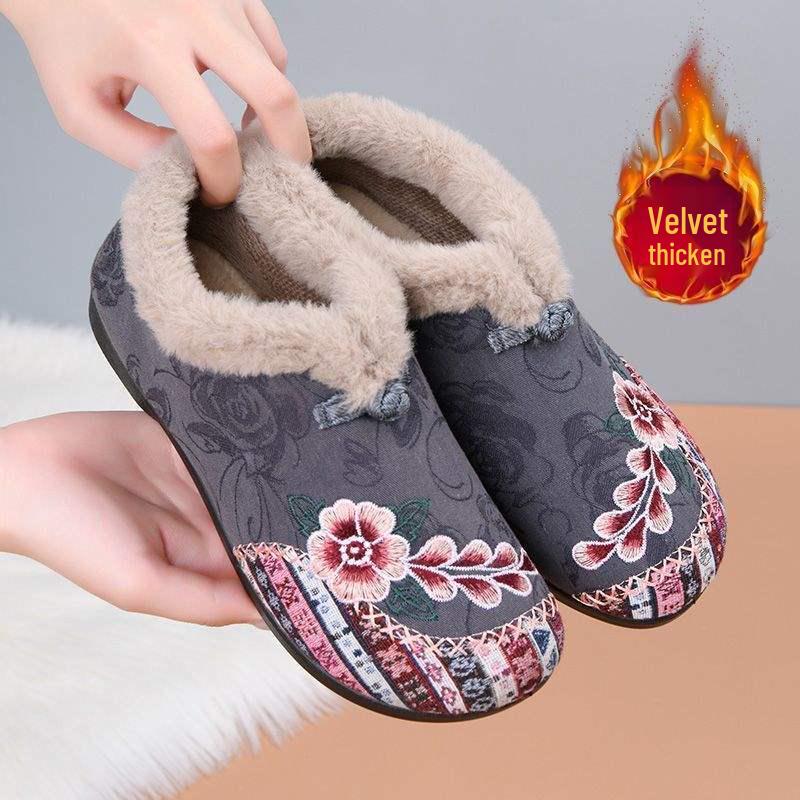 Women's Fleece-Lined Embroidered Cotton Shoes - Warm, Non-Slip, Ethnic Style for Middle-Aged and Elderly