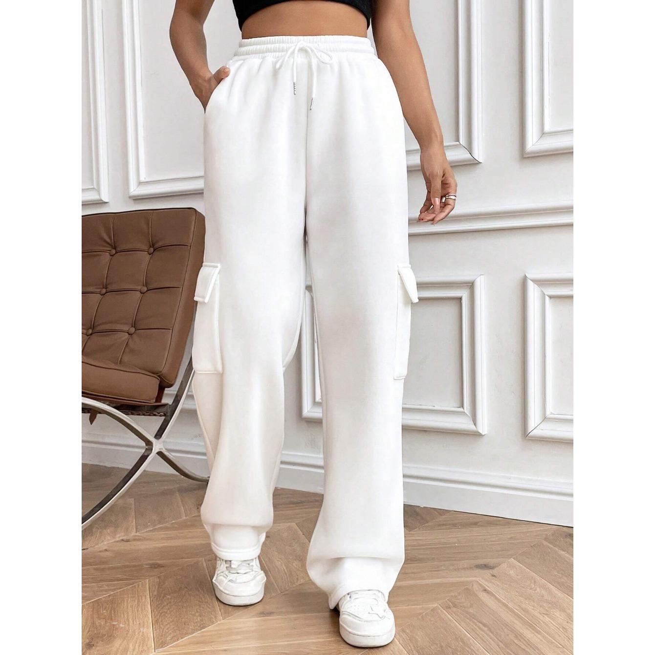 

IHUASU Autumn Winter Women s Fashion Side Purse with Solid Color Straight Leg Wide Leg Pants L білий