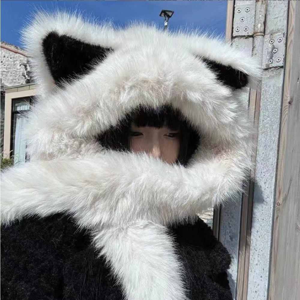 

Утолщенная плюшевая шапка с лисьими ушками, защищающая от холода, женская зимняя, шарф интегрированный, новая теплая для лица, маленькая шапка Лей Фэна M（56-58cm） белый