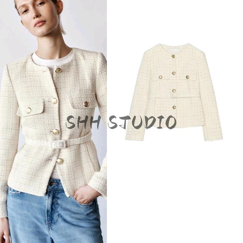 Spring New Women's Wear with Shoulder Pad Round Neck Long Sleeve Lace Belt Texture Blazer Outerwear 2409113