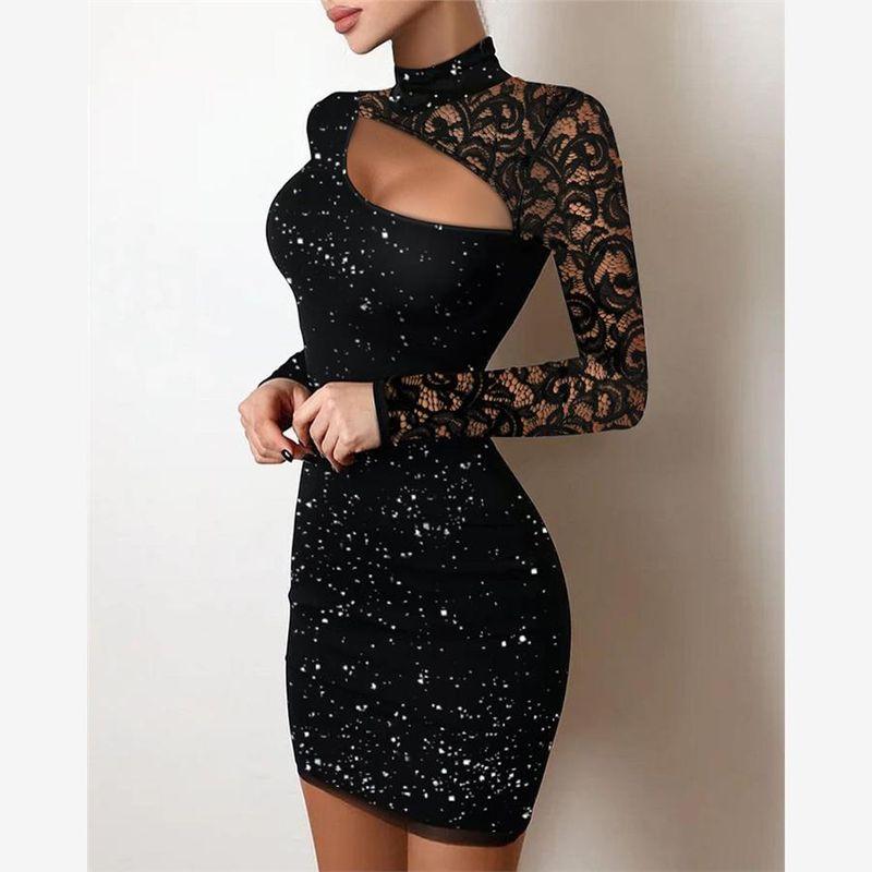 

European and American Lace Hollow-out Fashion Dress Slim fit Hip Skirt Lace Sexy Hip Wrap Dress Black XL