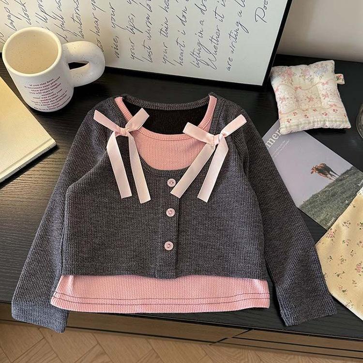 Girls T-shirts Spring Autumn Casual Tops for Kids Fake Two-piece Children Undershirts Long-sleeved Toddler Bottom Baby Outfits