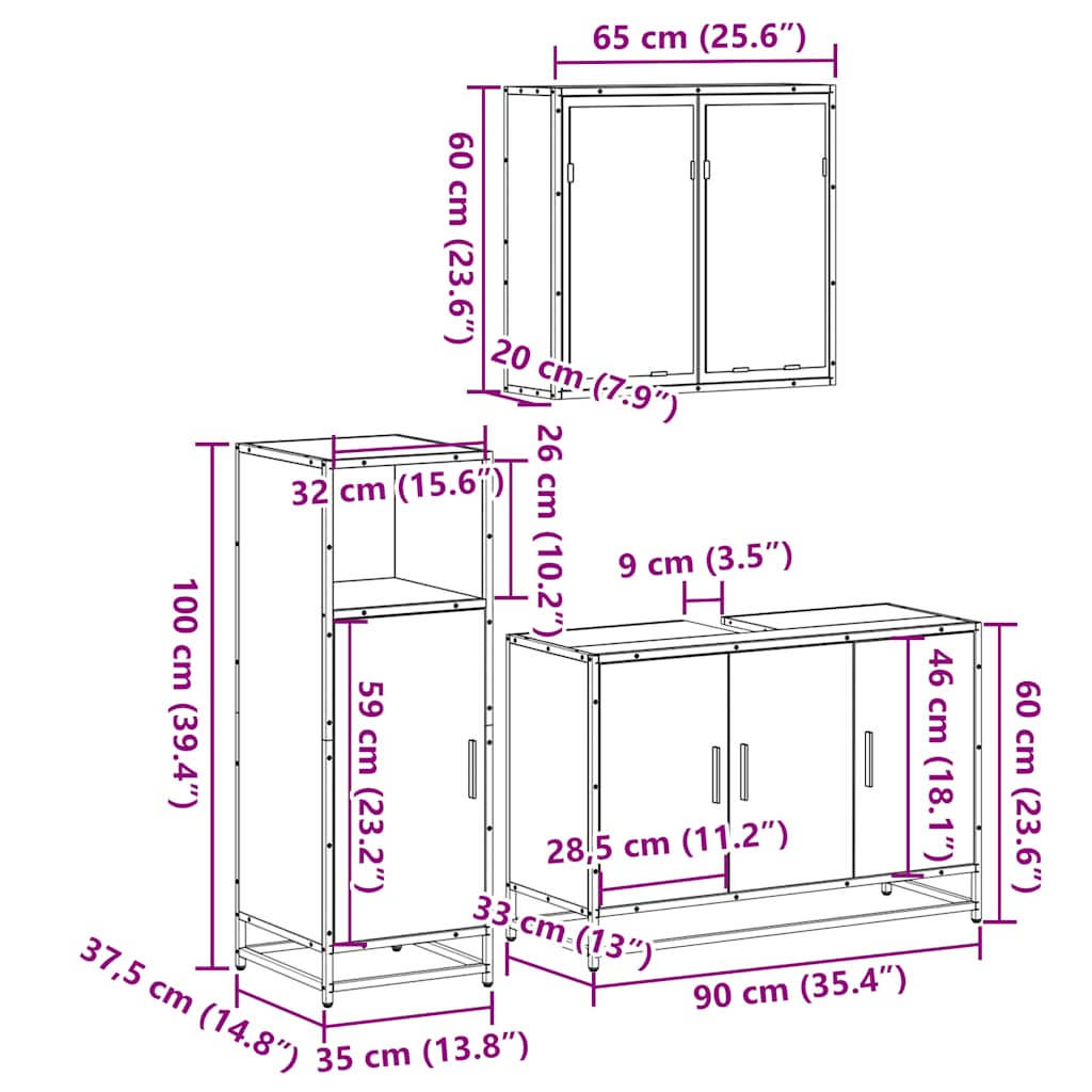 3 Piece Bathroom Furniture Set in Sonoma Oak Particleboard