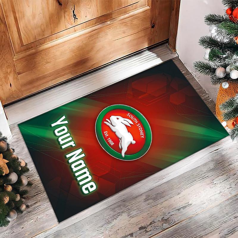 South Sydney Rabbitohs Crystal Velvet Rug, Custom Name Text Personalized Non‑Slip Floor Mat for Home Decor Gift
