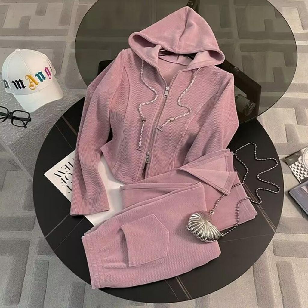 Casual, Sports Suit, Women's, Loose, Short, Hooded Top, Split, Wide Leg Pants, Two-piece Set