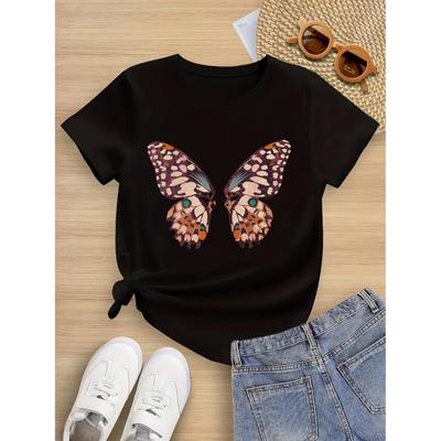 Butterfly Print Short-sleeved T-shirt Casual and Versatile Style Suitable for Children's Outings and Daily Wear In Summer