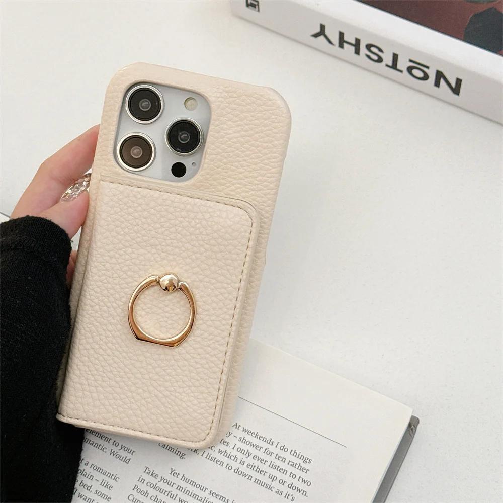Ring with Card Holder Phone Case for IPhone 15 14 11 Pro Max 13 12 Mini XR XS X Max 8 7 Plus PU Leather Shockproof Shell Cover