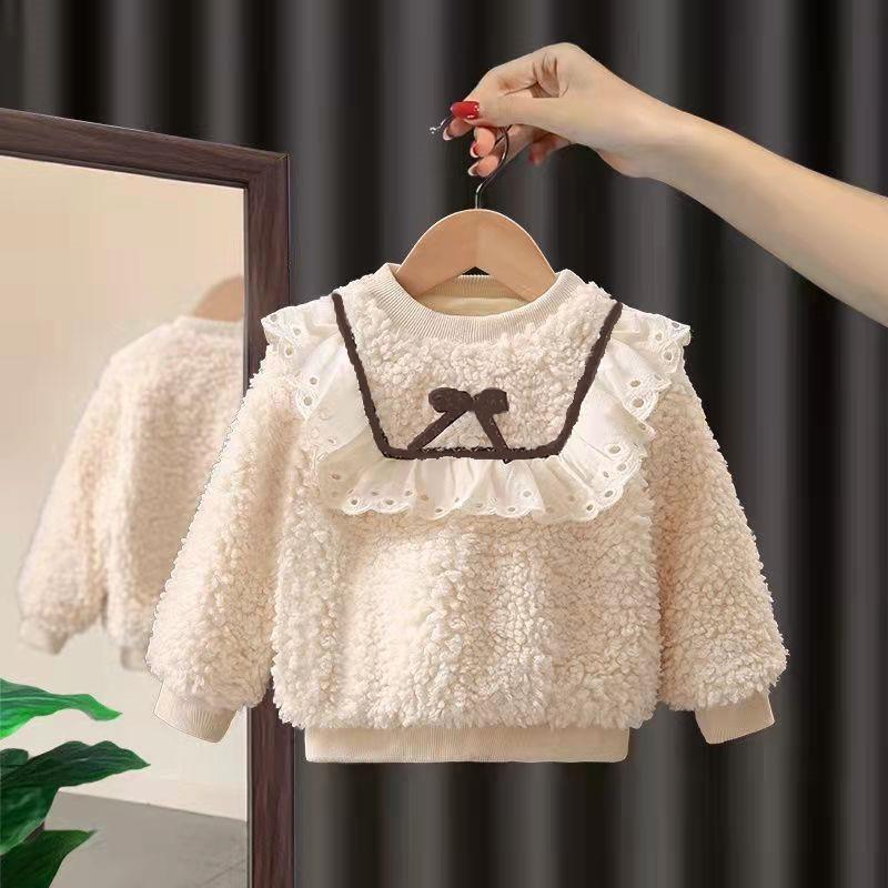 Girls' Fleece-Lined Sweatshirt - Korean Style Lambswool Pullover for Autumn/Winter 2025