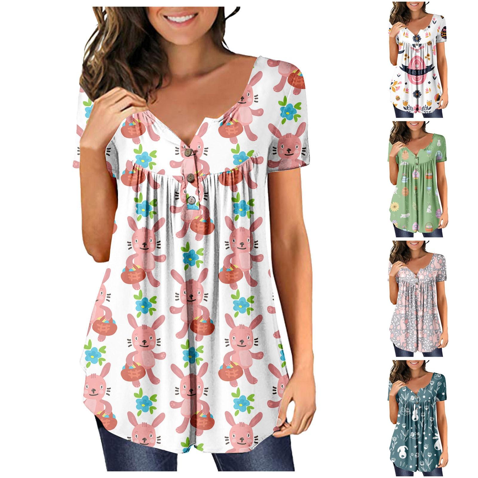 

Женская футболка с короткими рукавами и пуговицами с кроликом и v-образным вырезом, топ