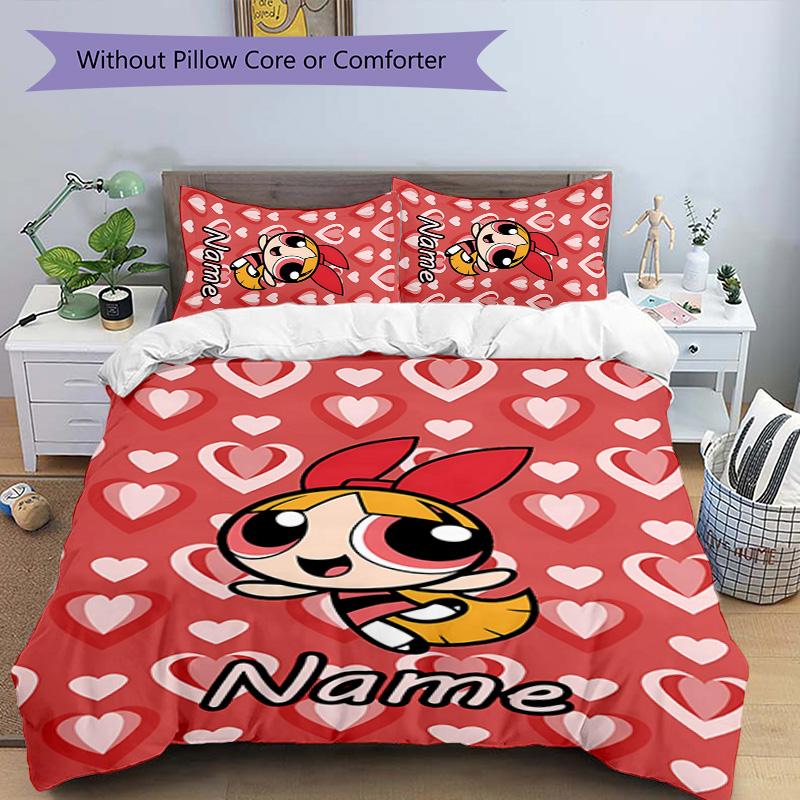 3pcs The Powerpuff Girls4 Cover Set - Personalized Name, HD Printed Bedding with 1 Cover and 2 Pillowcases - Perfect for Home Decor, Easy Care