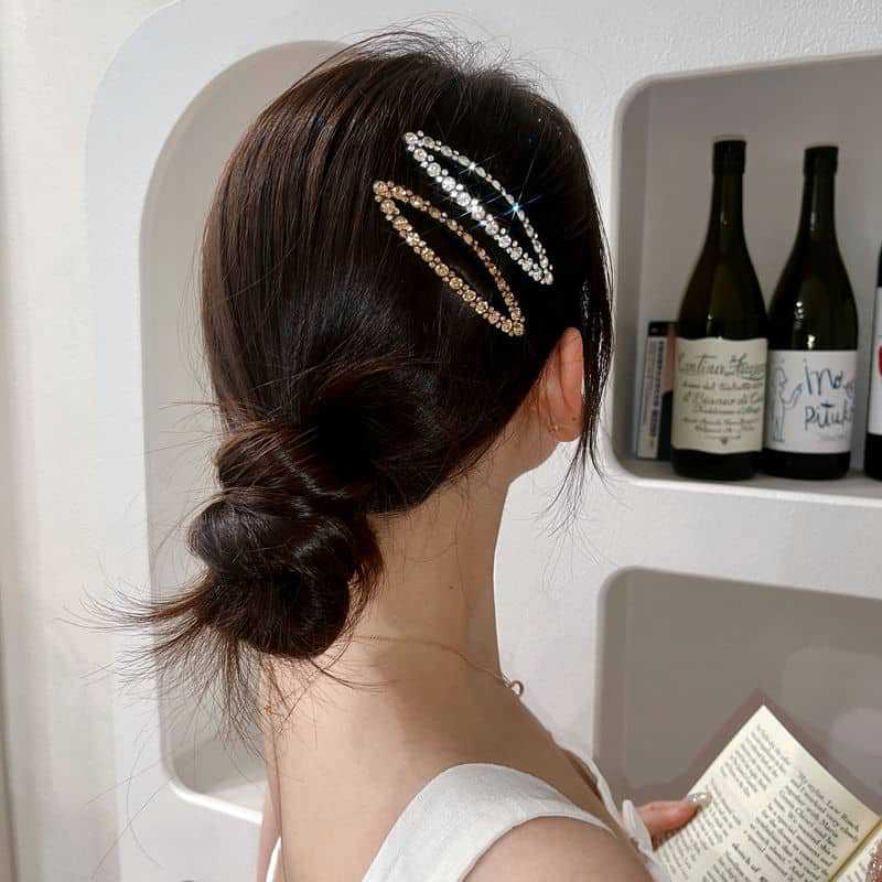 2pcs/set Rhinestone Hair Clips Long Barrettes Colorful Crystal Oval Geometric Side Pins Bling Hairpin Women Hair Accessories